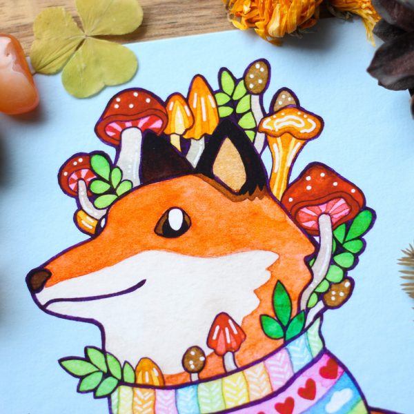 Autumn Fox -printti. Syksyinen ja värikäs kettu villapaidassa.