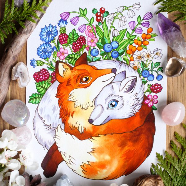 Fox Sisters -magneetti. Oranssi ja valkoinen kettu, kukkia ja marjoja.