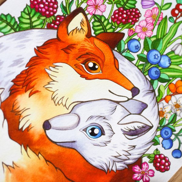 Fox Sisters -magneetti. Oranssi ja valkoinen kettu, kukkia ja marjoja.