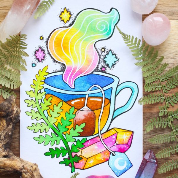 Magical Tea -miniprintti. Maaginen tee, saniainen ja kristalli.